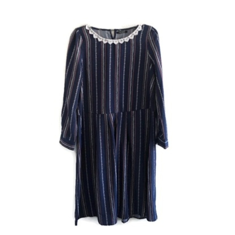 Me.Sense Navy Peasant Dress Long Sleeve Cinched Waist